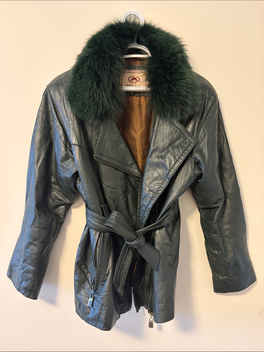 Vintage - Dark Green Real Leather Belted Jacket with Fur Collar